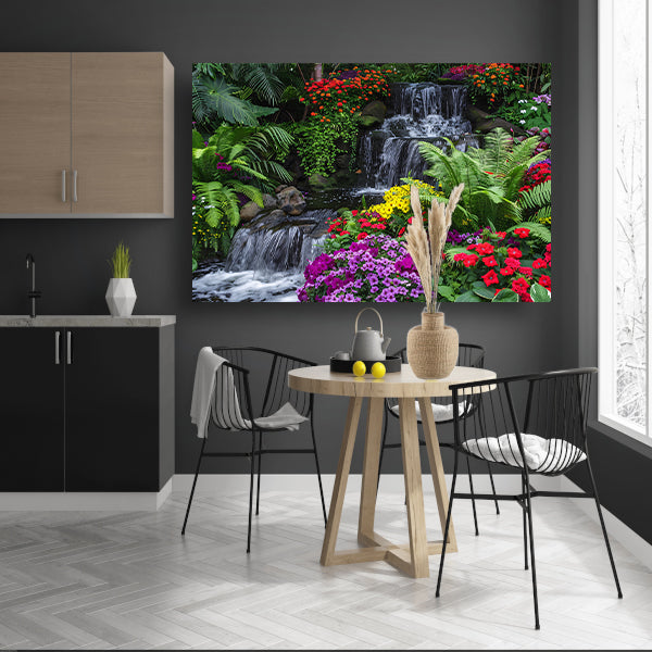 Kleurrijke tuin met waterval en diverse bloemen poster