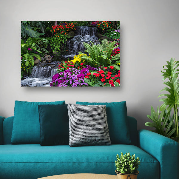 Kleurrijke tuin met waterval en diverse bloemen poster