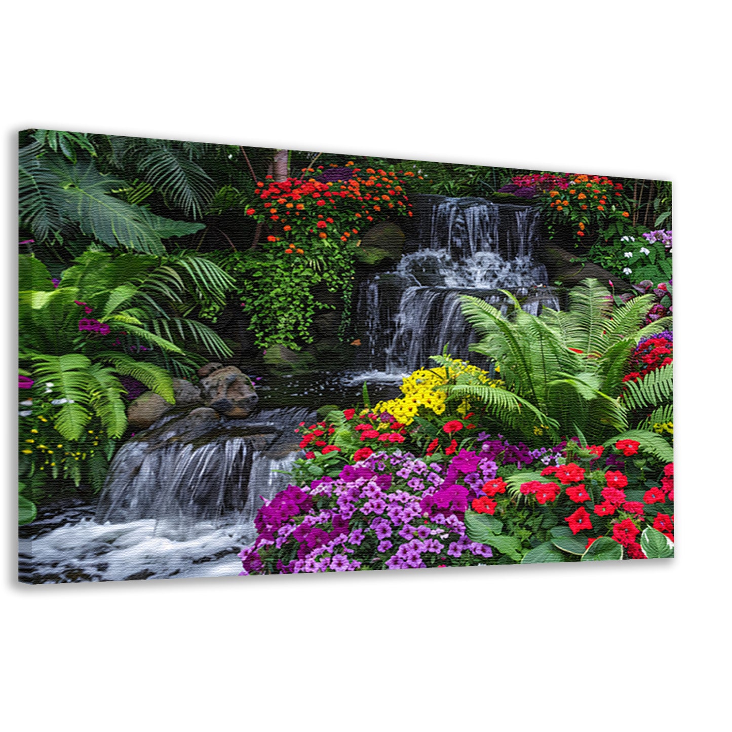 Kleurrijke tuin met waterval en diverse bloemen canvas
