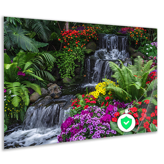 Kleurrijke tuin met waterval en diverse bloemen poster