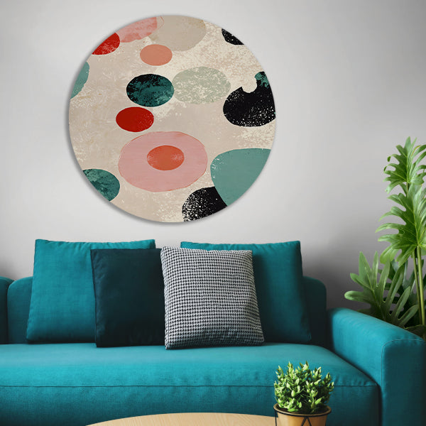 Abstracte kunst met kleurrijke cirkels en texturen aluminium muurcirkel