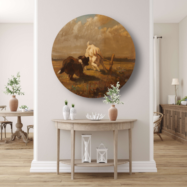 Geiten en Hond Vechtend - Henriëtte Ronner-Knip aluminium muurcirkel