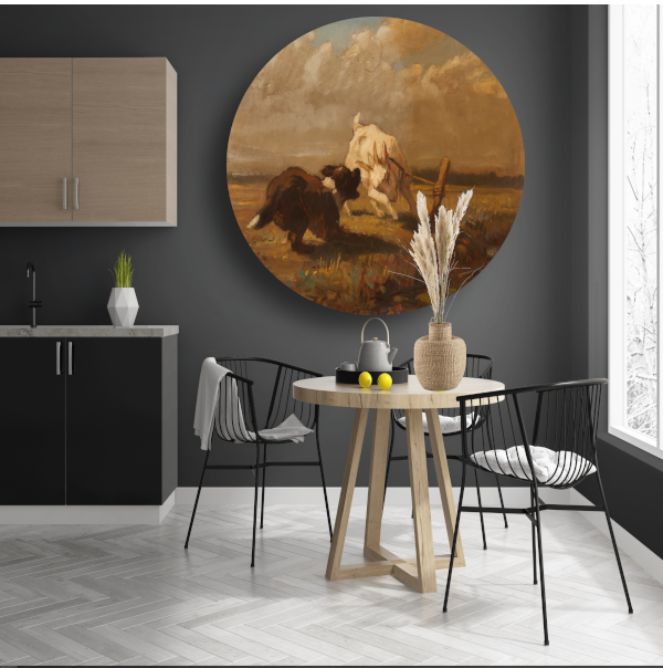 Geiten en Hond Vechtend - Henriëtte Ronner-Knip aluminium muurcirkel