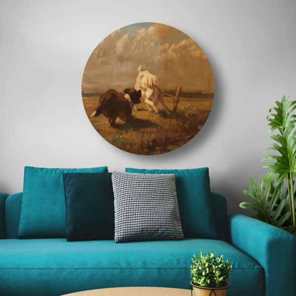 Geiten en Hond Vechtend - Henriëtte Ronner-Knip aluminium muurcirkel