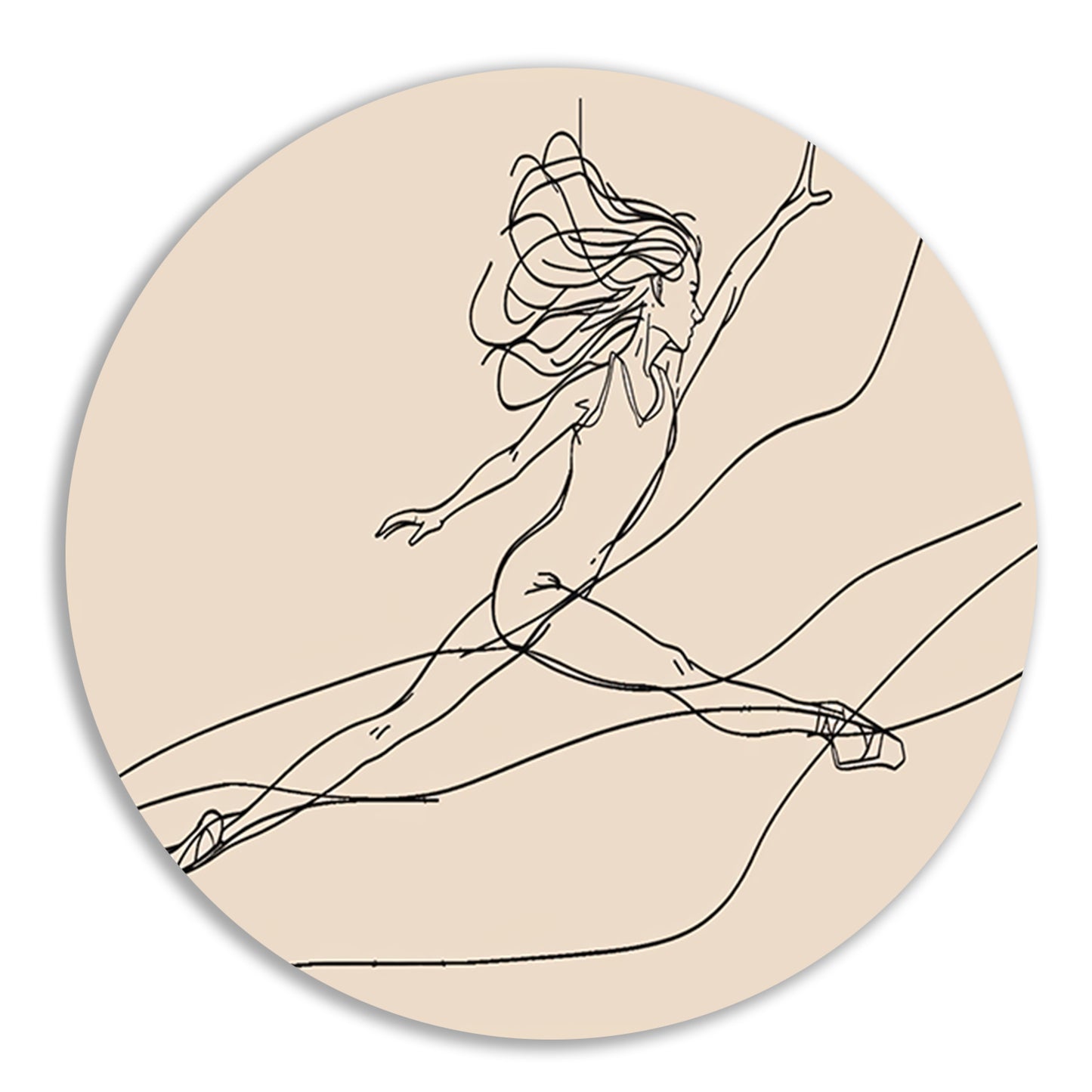 Gracieus danseres lijntekening in sprong aluminium muurcirkel