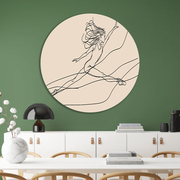 Gracieus danseres lijntekening in sprong aluminium muurcirkel