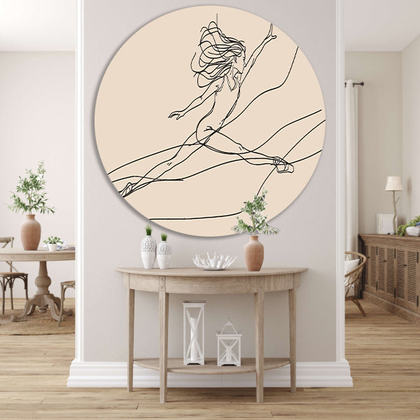 Gracieus danseres lijntekening in sprong aluminium muurcirkel
