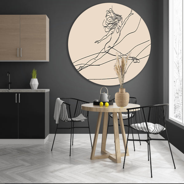 Gracieus danseres lijntekening in sprong aluminium muurcirkel