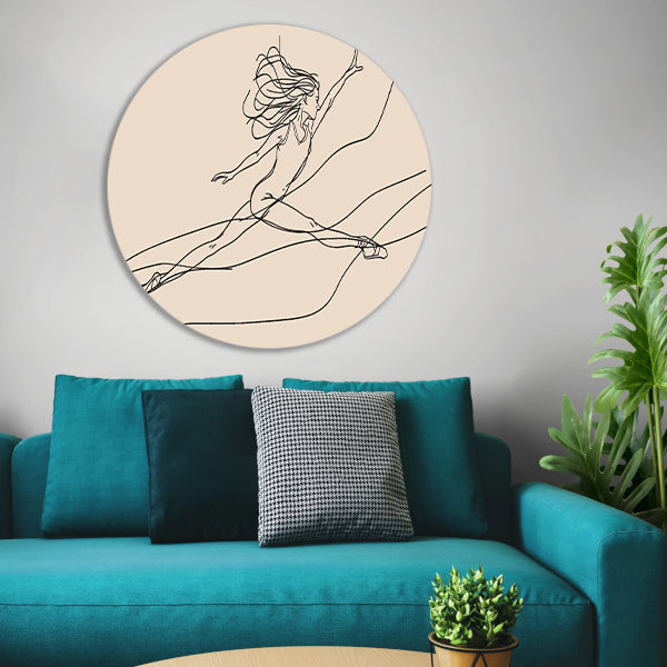 Gracieus danseres lijntekening in sprong aluminium muurcirkel
