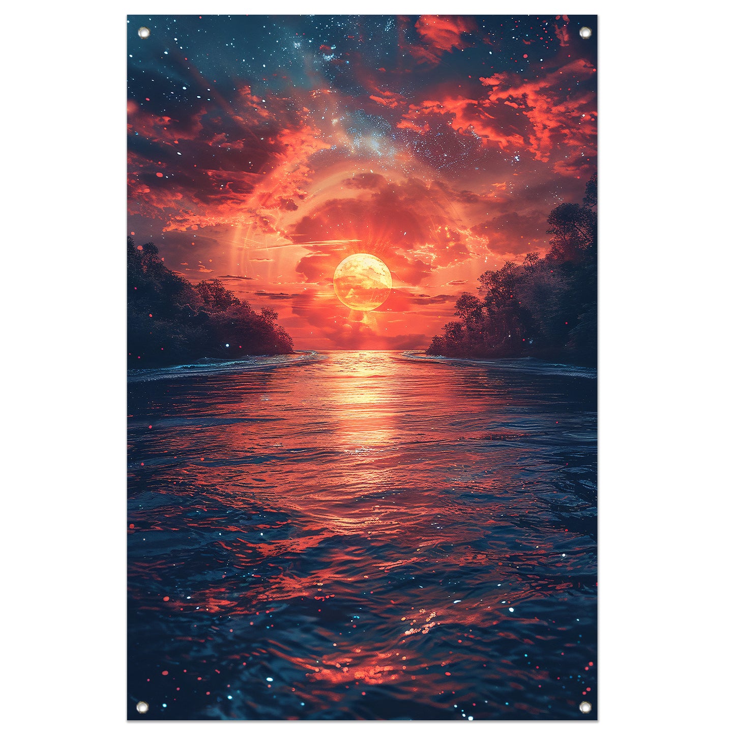 Zonsondergang boven de golven tuinposter
