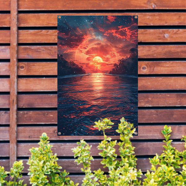 Zonsondergang boven de golven tuinposter