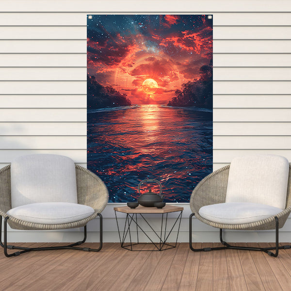 Zonsondergang boven de golven tuinposter