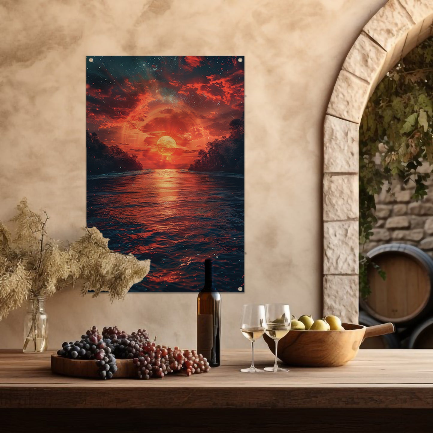 Zonsondergang boven de golven tuinposter