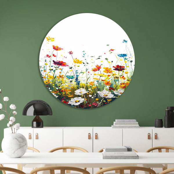 Impressionistisch schilderij van kleurrijk bloemenveld aluminium muurcirkel