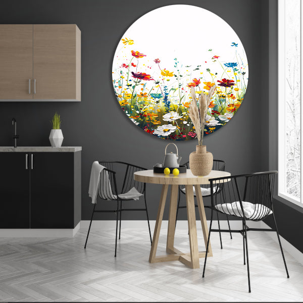 Impressionistisch schilderij van kleurrijk bloemenveld aluminium muurcirkel