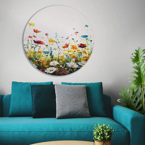 Impressionistisch schilderij van kleurrijk bloemenveld aluminium muurcirkel