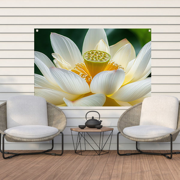 Gedetailleerde close-up van een lotusbloem tuinposter
