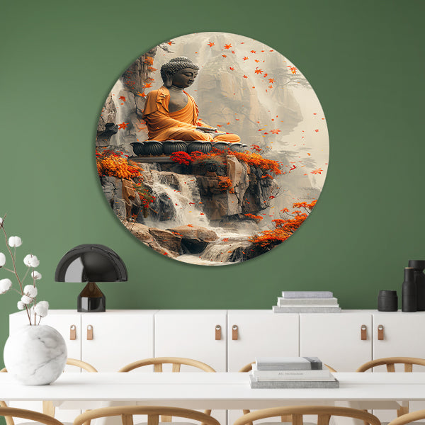 Boeddha in herfstdecor met waterval forex muurcirkel