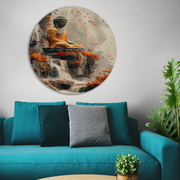 Boeddha in herfstdecor met waterval forex muurcirkel