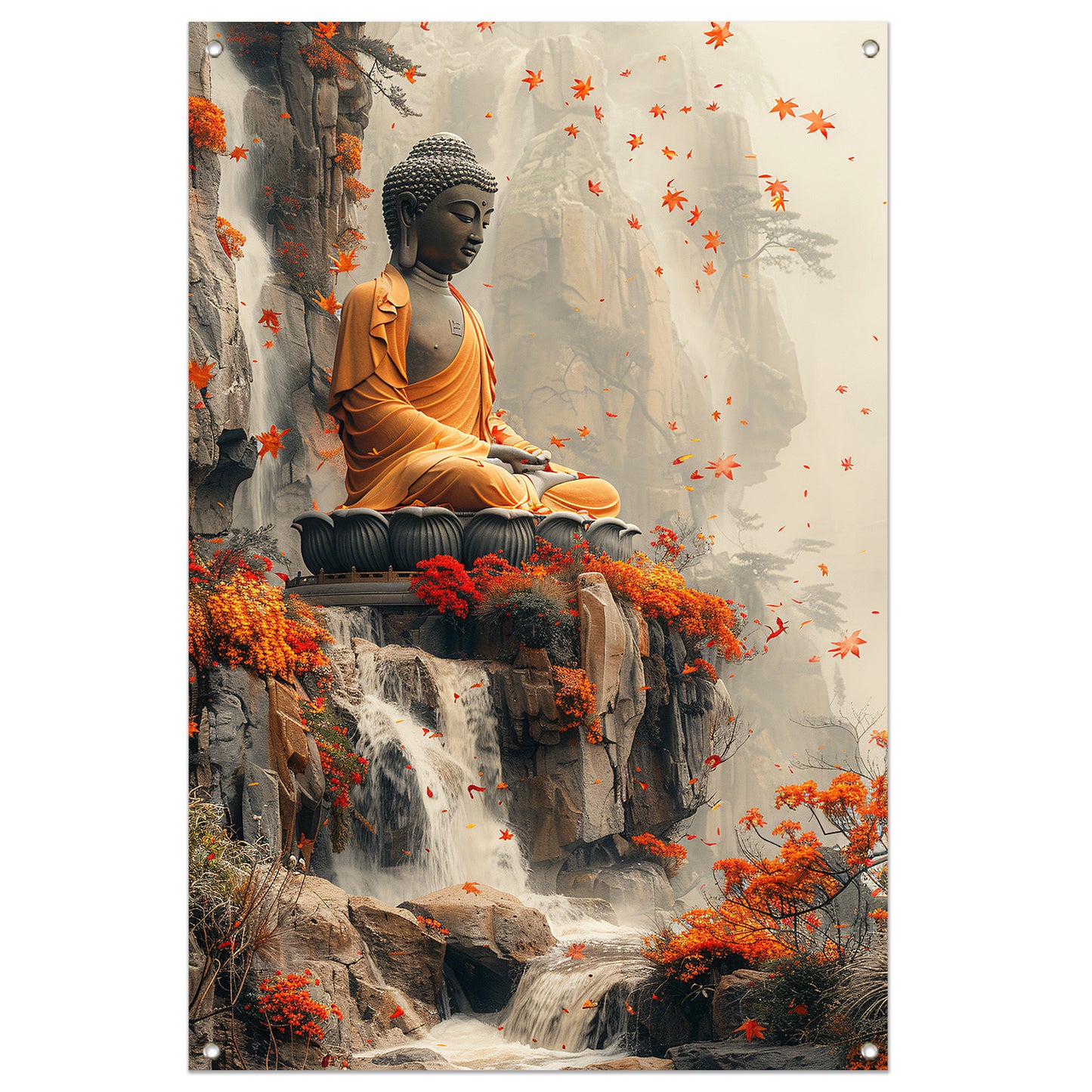 Boeddha in herfstdecor met waterval tuinposter