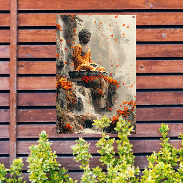 Boeddha in herfstdecor met waterval tuinposter