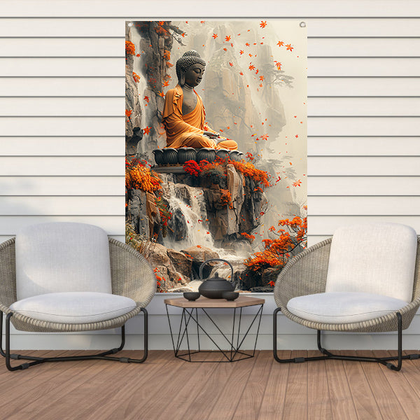 Boeddha in herfstdecor met waterval tuinposter