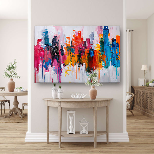 Abstract kleurrijk stadsgezicht op wit doek poster