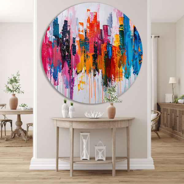 Abstract kleurrijk stadsgezicht op wit doek aluminium muurcirkel