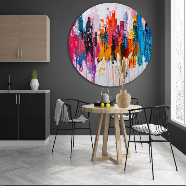 Abstract kleurrijk stadsgezicht op wit doek aluminium muurcirkel