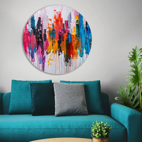 Abstract kleurrijk stadsgezicht op wit doek aluminium muurcirkel