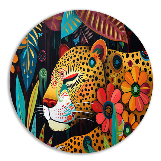 Kleurrijk schilderij van luipaard en bloemen aluminium muurcirkel