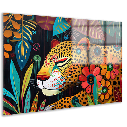 Kleurrijk schilderij van luipaard en bloemen acrylglas