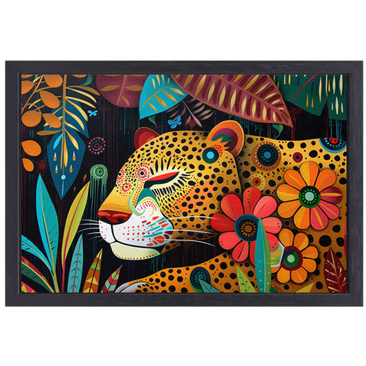 Kleurrijk schilderij van luipaard en bloemen canvas met baklijst