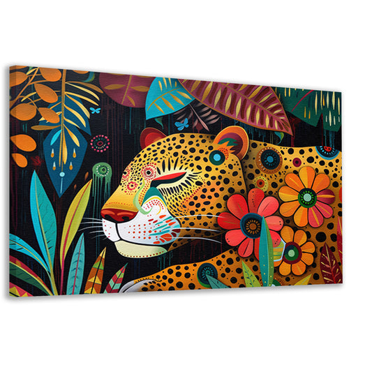 Kleurrijk schilderij van luipaard en bloemen canvas