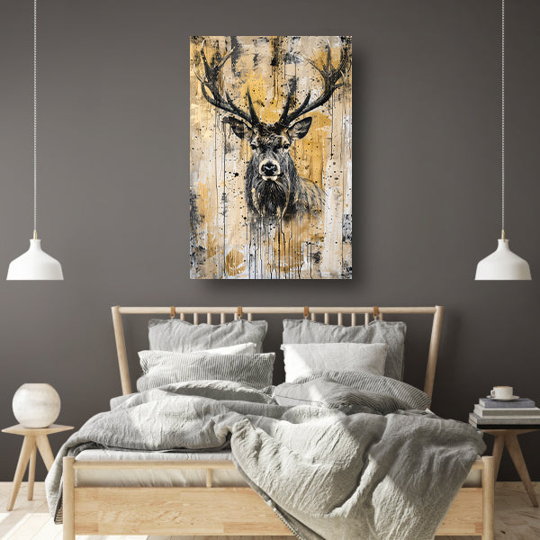 Abstract hertenportret met dynamische verfspetters canvas met baklijst