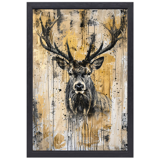 Abstract hertenportret met dynamische verfspetters canvas met baklijst