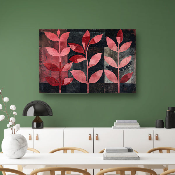 Abstracte kunst met rode bladeren op zwart poster