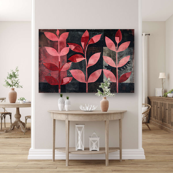 Abstracte kunst met rode bladeren op zwart poster