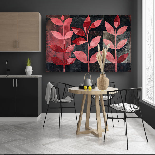 Abstracte kunst met rode bladeren op zwart poster
