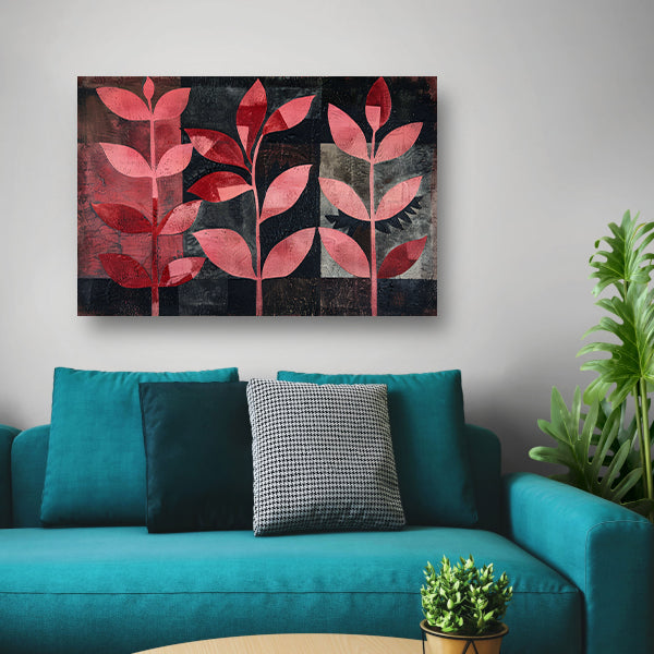 Abstracte kunst met rode bladeren op zwart poster