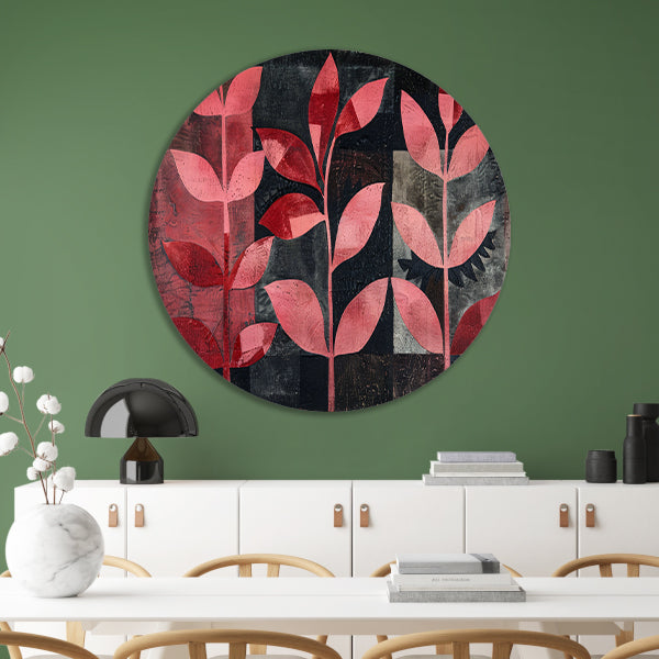 Abstracte kunst met rode bladeren op zwart aluminium muurcirkel