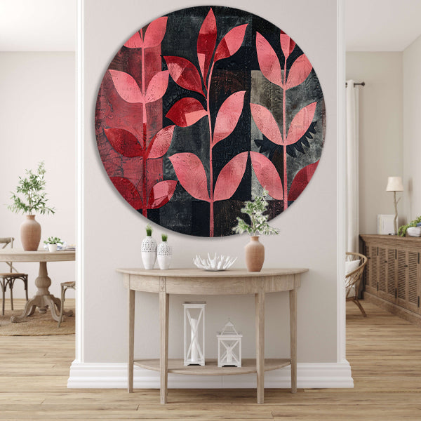 Abstracte kunst met rode bladeren op zwart aluminium muurcirkel