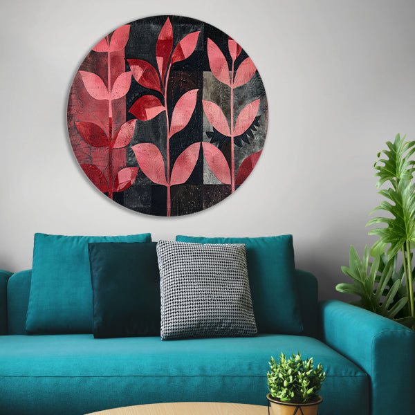 Abstracte kunst met rode bladeren op zwart aluminium muurcirkel