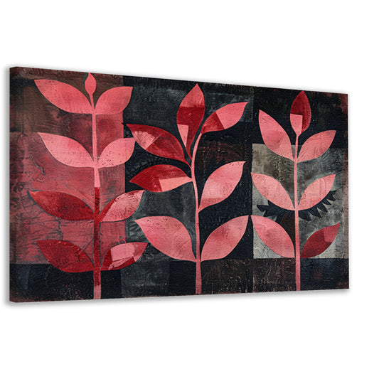Abstracte kunst met rode bladeren op zwart canvas