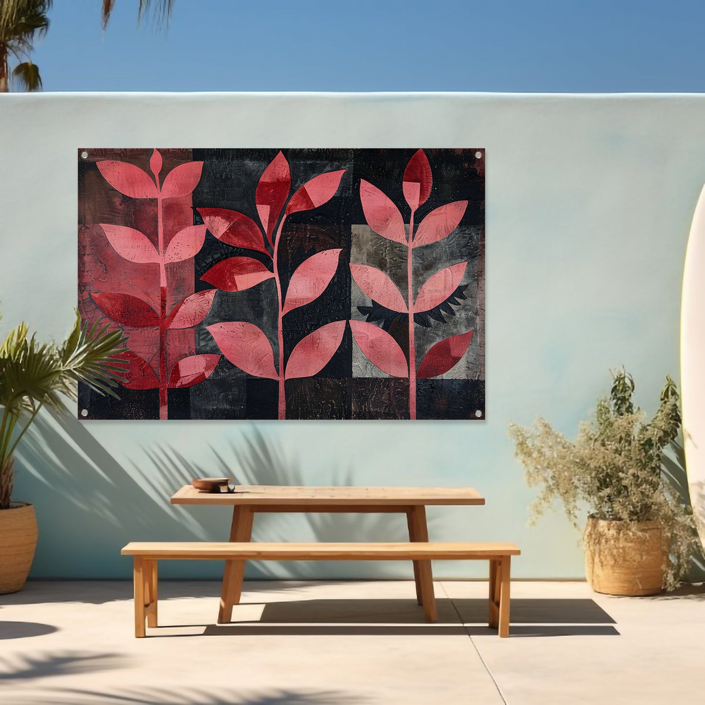 Abstracte kunst met rode bladeren op zwart tuinposter