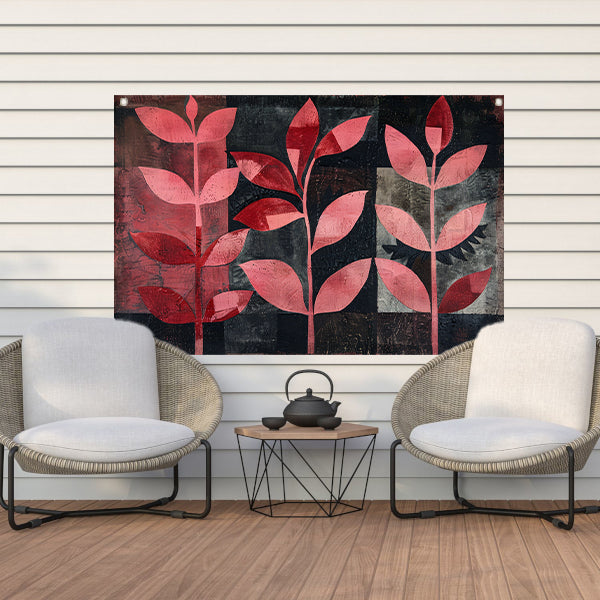 Abstracte kunst met rode bladeren op zwart tuinposter