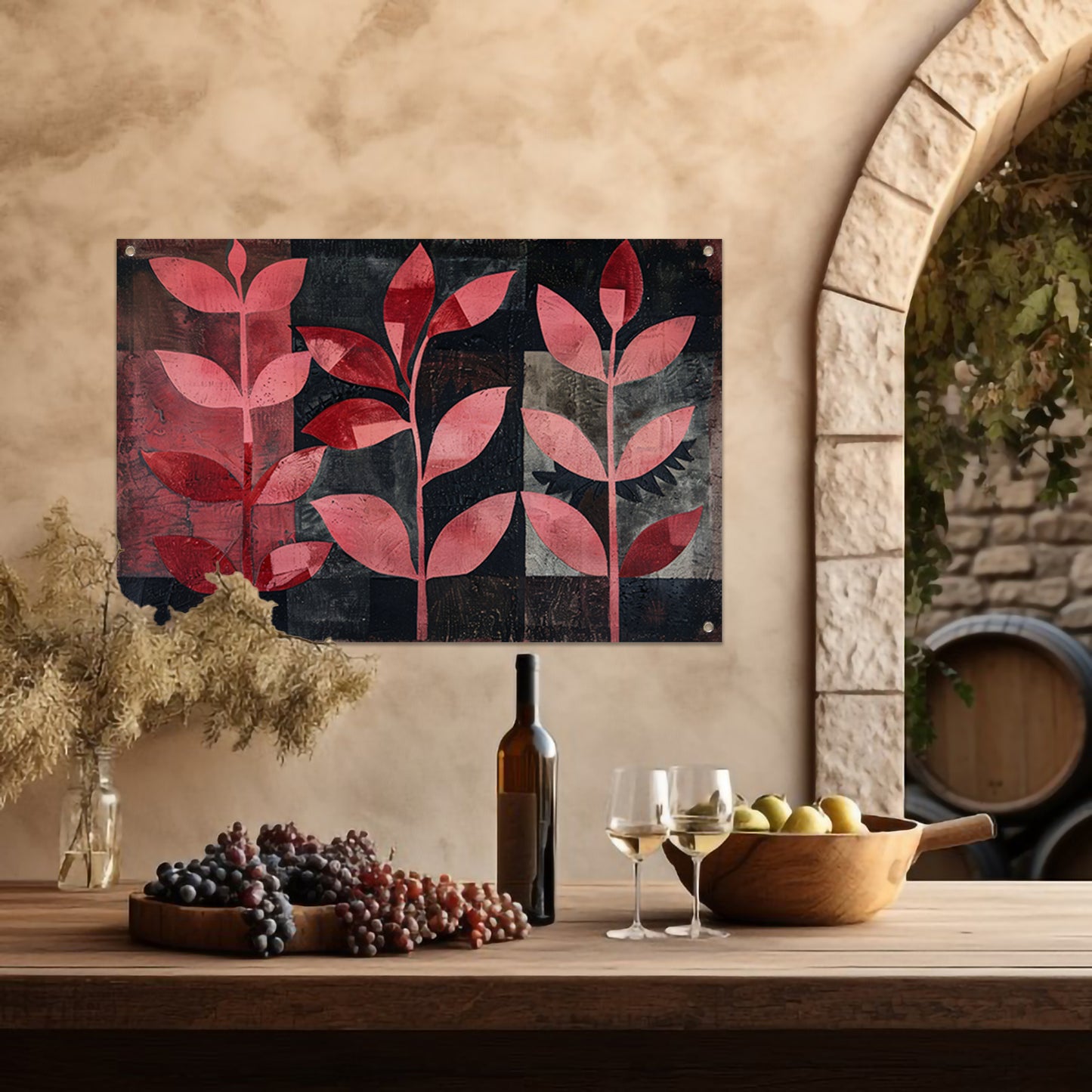 Abstracte kunst met rode bladeren op zwart tuinposter