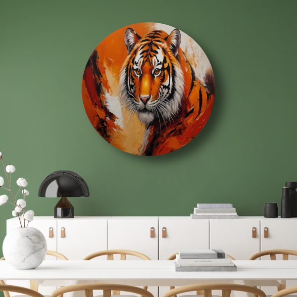 Oranjerood Schilderij van een Majestueuze Tijger aluminium muurcirkel