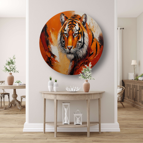 Oranjerood Schilderij van een Majestueuze Tijger aluminium muurcirkel