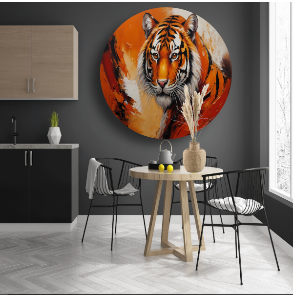 Oranjerood Schilderij van een Majestueuze Tijger aluminium muurcirkel